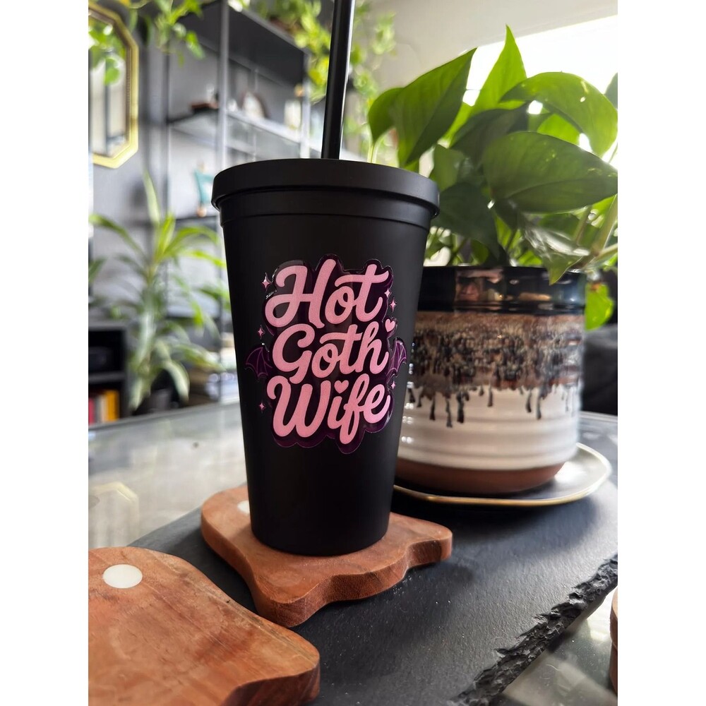 Hot Goth Wife Cup Goth Girl Gift Alternative Tumbler Black Cold Cup Pink Bat Cup